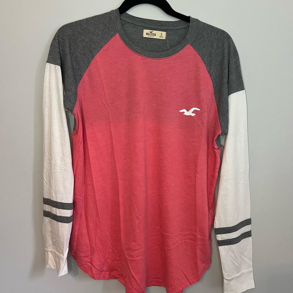 Hollister long Sleeve top - pink white - small